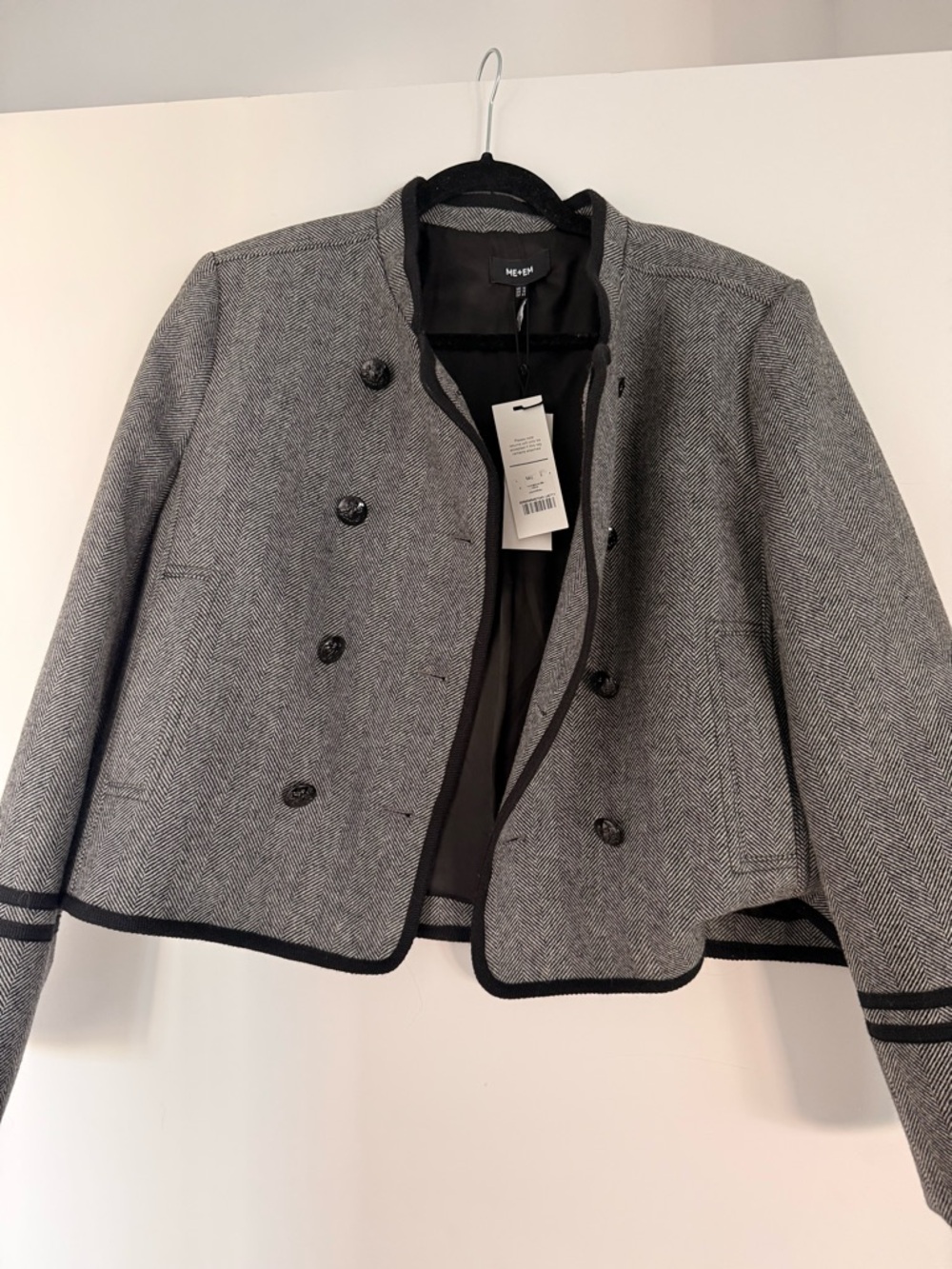 ME+EM Gray Herringbone Cropped Double-Breasted Jacket with Black Trim